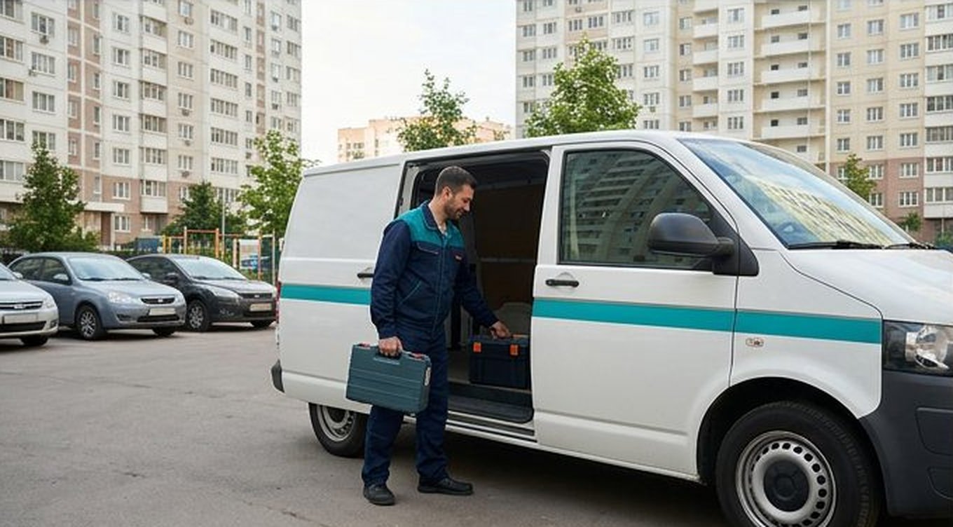 Фирменный фургон сервиса во дворе